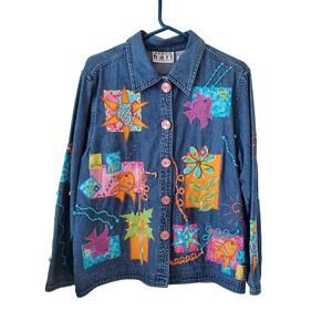 Keren Hart Fish Floral Colorful Patchwork Embroidered Denim Jean Jacket Large